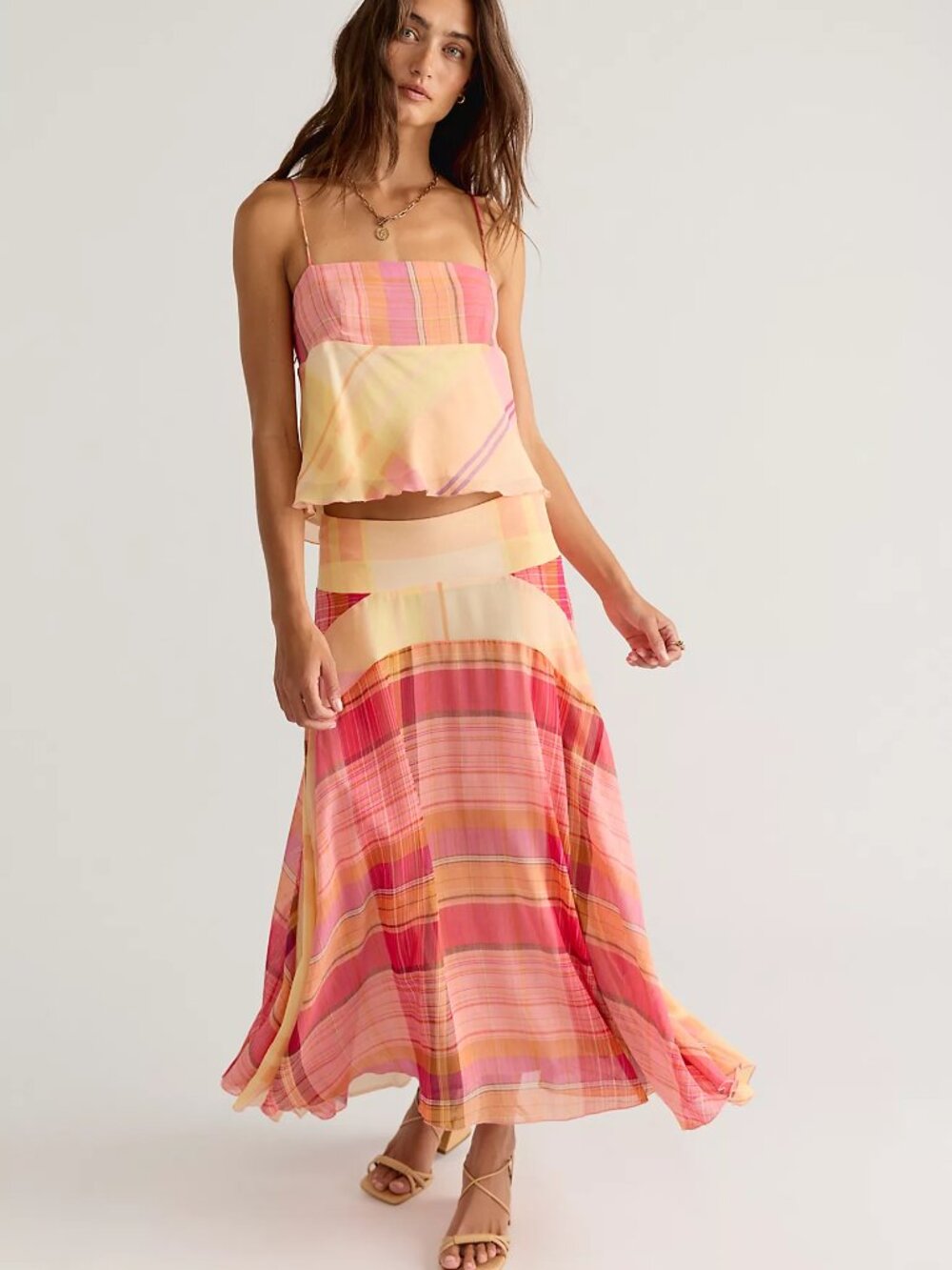 Breezy Plaid Midi Skirt Set